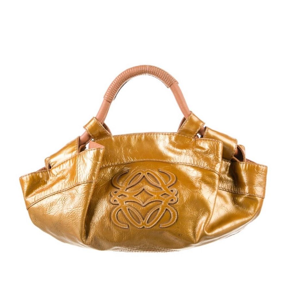 LOEWE Aire Bronze Gold Metallic Patent Leather Bag Medium Top Handle Crinkled